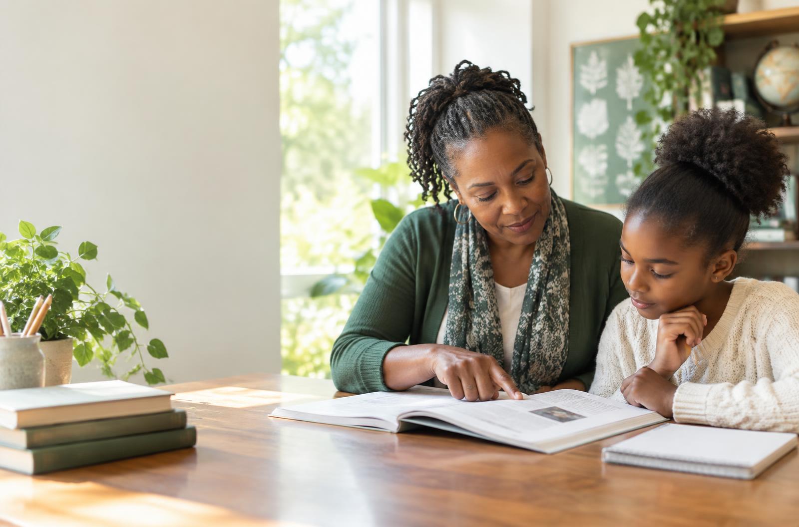 An educator guiding a young learner through a reading lesson